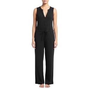 LEALLO Black Sleeveless Button Front Wide Leg Drawstring Jumpsuit Women's Medium